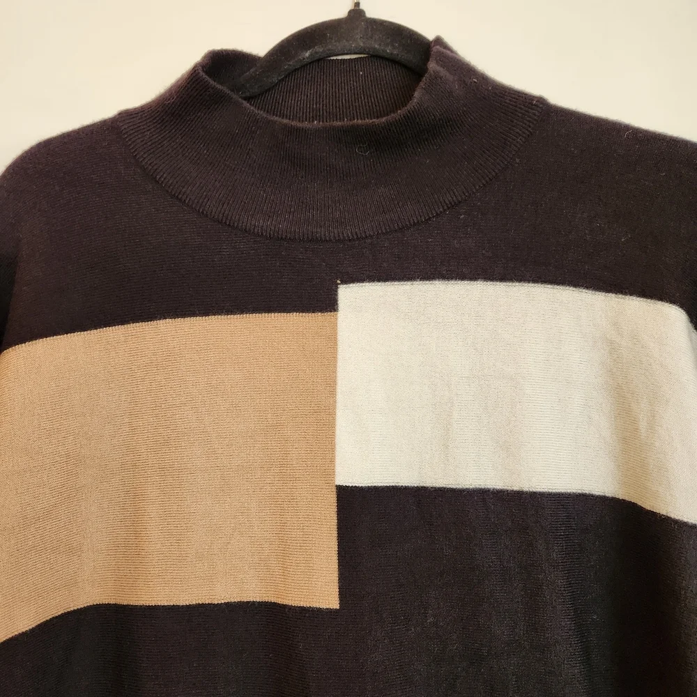 Aaeda Tan/Black/Cream Colorblock Mock Neck Sweater Size XL Ribbed Neck/Cuffs